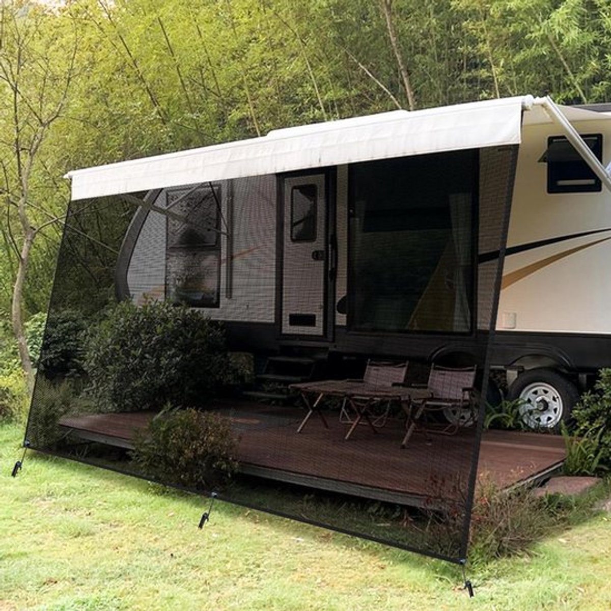 Zonnescherm met Voorwand voor Camper, Universele Privacy Scherm, 86% Zonwering, Wind- en Waterbestendig, Complete Set - 2,4m x 3m.