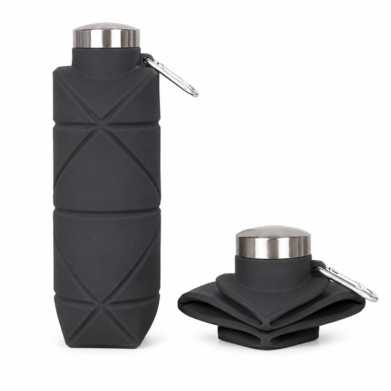 Grijze, opvouwbare siliconen waterfles met zilverkleurige dop en karabijnhaak. Twee maten te zien.