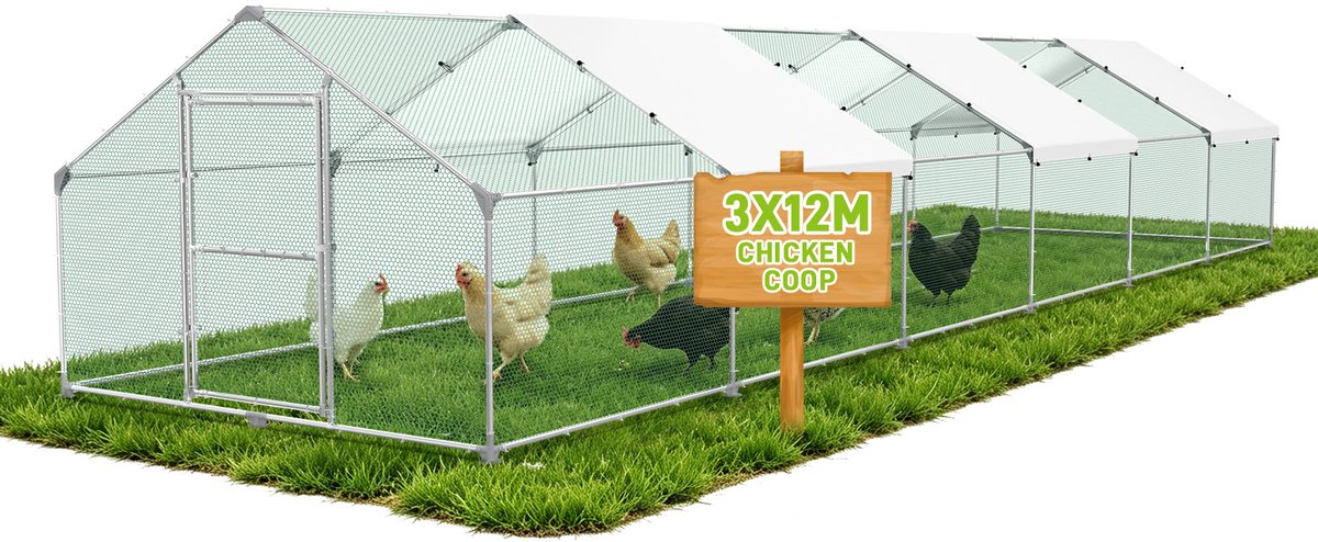 ACXIN Kippenhok met Ren - 3x12x2m - Verzinkt Frame - PVC Net - PE Dak
