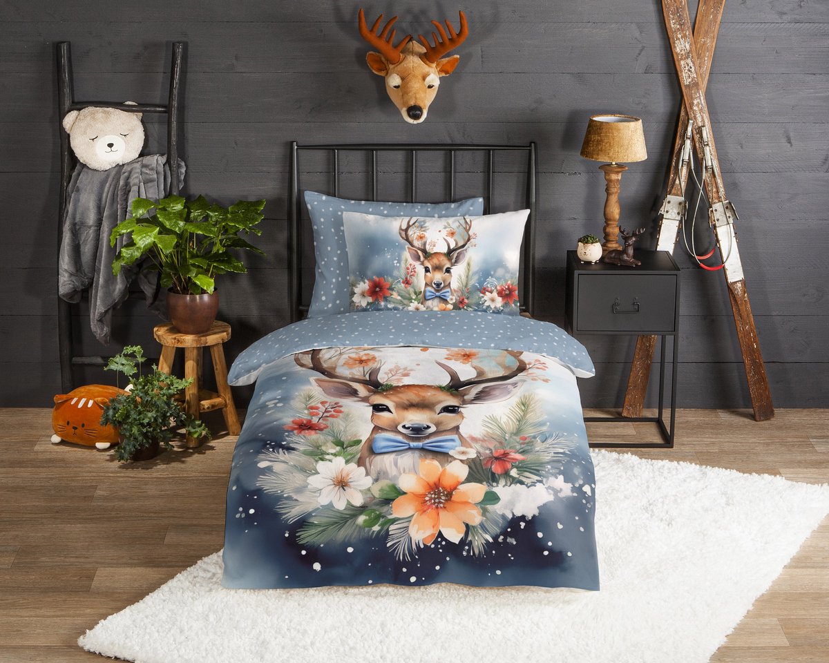 Good Morning dekbedovertrek rendier met strik en bloemen - 1 persoons 140x200/220 cm - Blauw - 100% Katoen flanel
