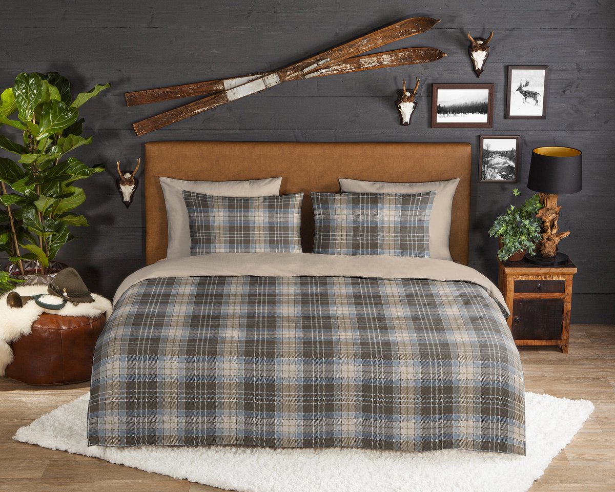 Good Morning dekbedovertrek tijdloos en stijlvol ruitpatroon in blauw en bruintinten - Lits jumeaux 240x200/220 cm - Bruin - 100% Katoen flanel