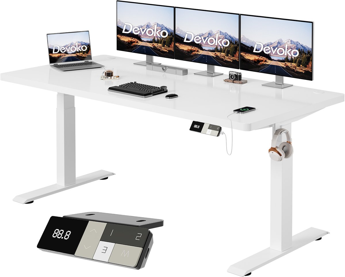 Devoko Elektrisch Zit-Sta Bureau 180x80 cm - Elektrisch Verstelbaar Bureau - In Hoogte Verstelbaar 63-128 cm - 25 mm FSC Tafelblad - Dubbele Motor - 125 kg - Wit