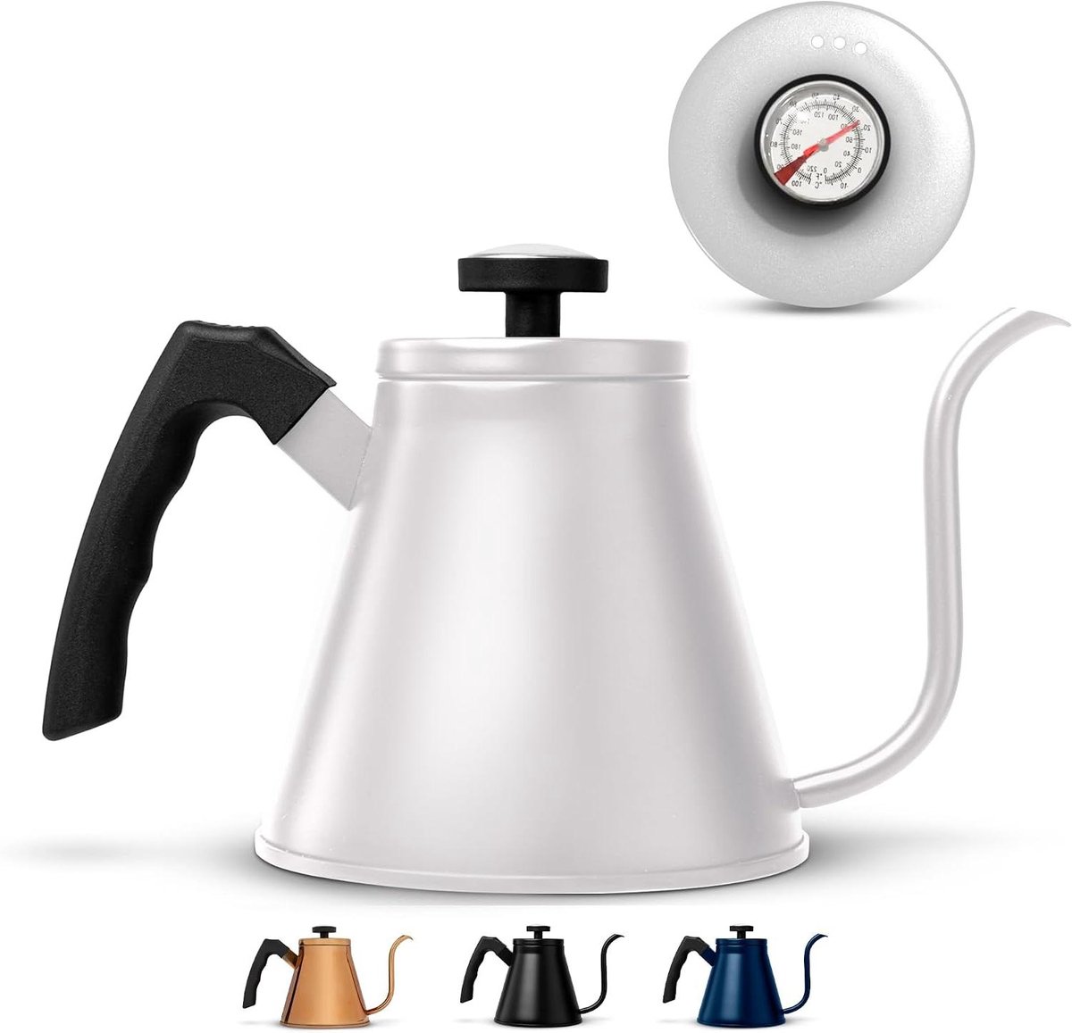 Waterkoker zwanenhals - Koffie theeketel - Giet over koffie - Ingebouwde thermometer - 0.8 Liter - Wit