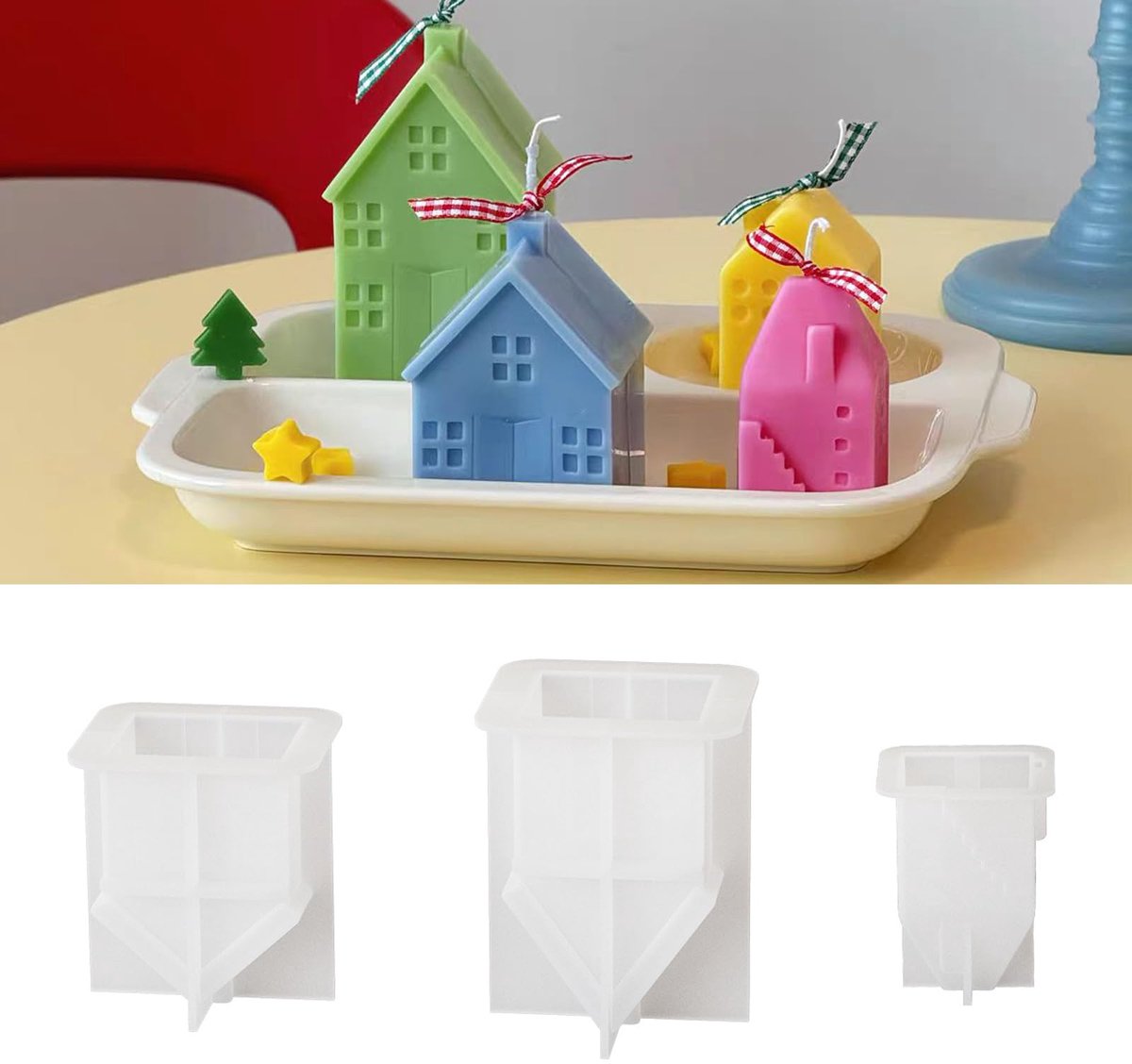 mal huizen, 3 stuks 3D siliconen mal voor huis, kaarsvormen om te gieten, kaarsen vormen siliconen, siliconen vorm, huispak voor doe-het-zelvers
