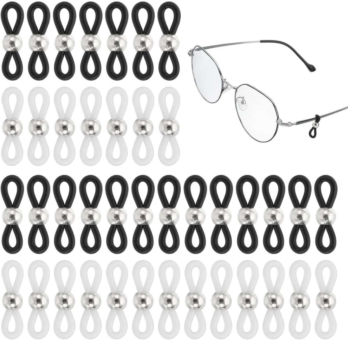 Kettingverbinder, verpakking van 50 verstelbare antislip siliconen rubberen bandhouder, ketting eindlus voor dames en heren, zonnebril, zilver (metalen kralen)
