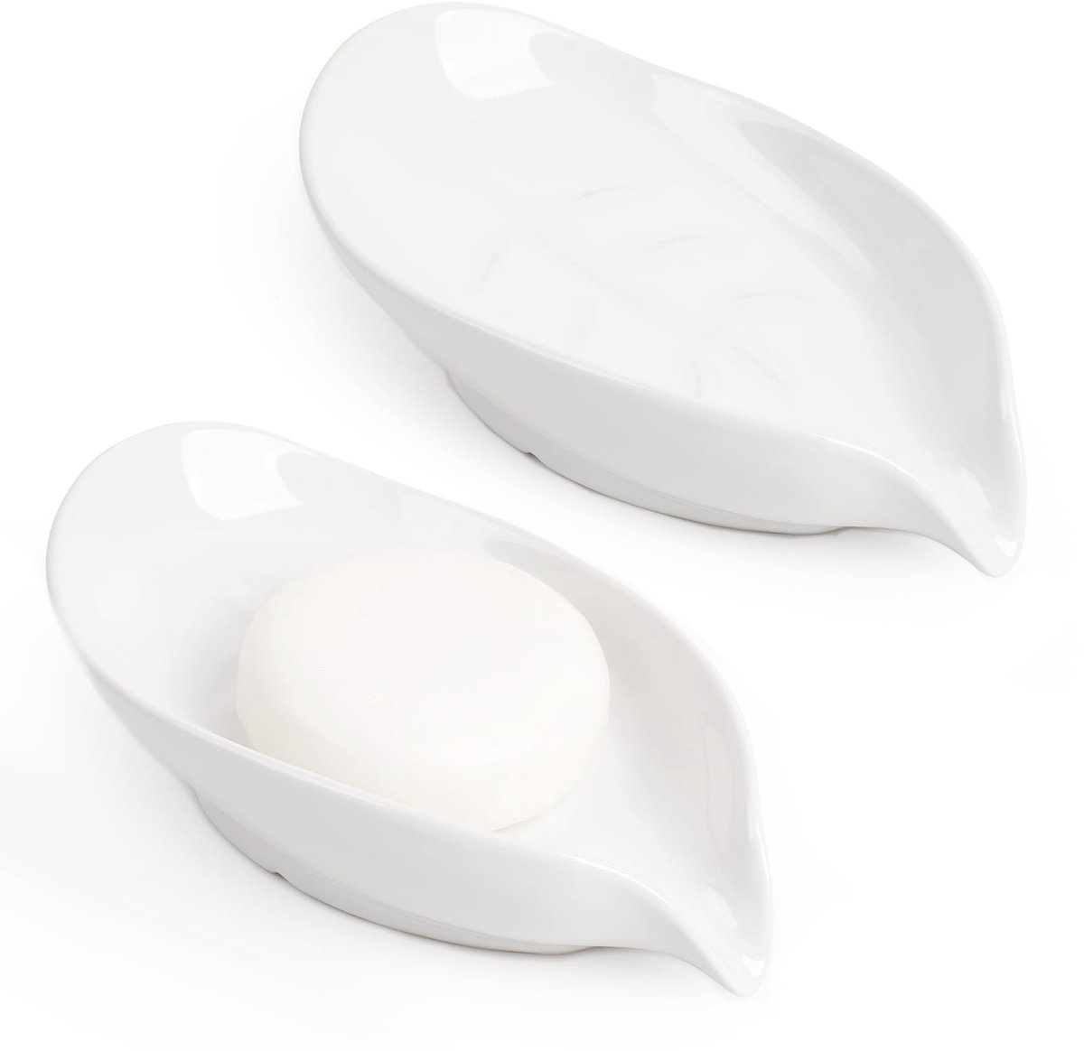 zeepbakjes, set van 2 – Elegante bladvormige witte porseleinen zeephouders voor badkamer en keuken, antislip, waterafvoerontwerp, ideaal voor stukzeep en afwasmiddel