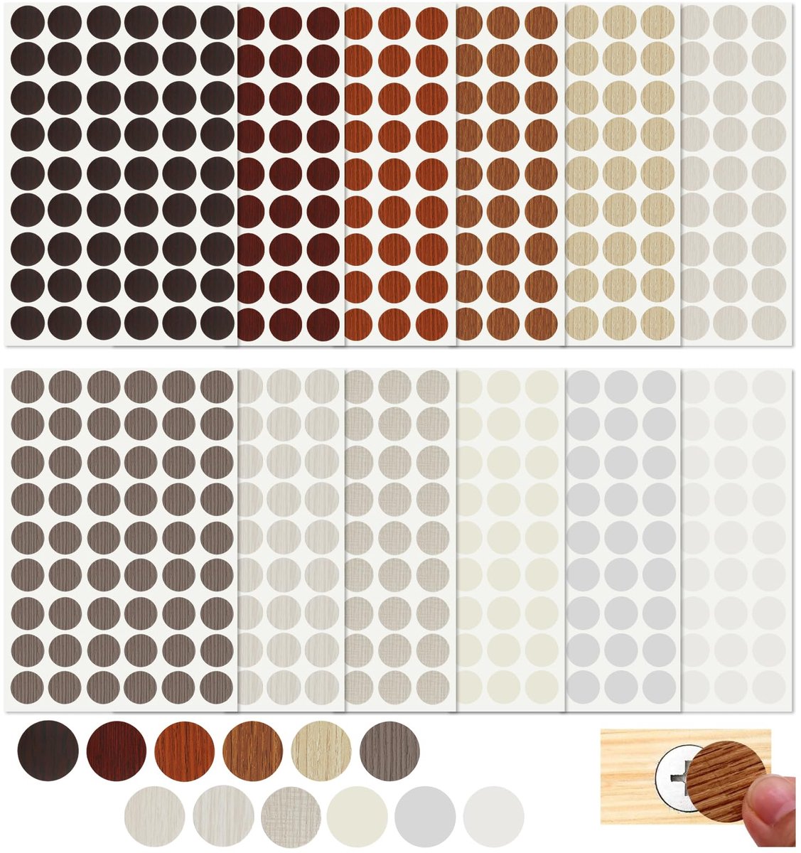 12 kleuren schroefafdekking, zelfklevend, 648 stuks schroefgatstickers, afdekkappen, diameter 21 mm, zelfklevende schroefafdekkapjes, schroefafdekking hout voor boorgaten, houten meubels, kastplanken
