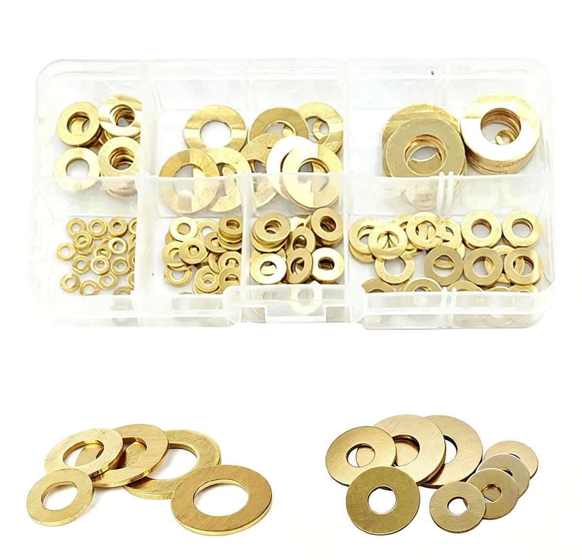 Set van 180 sluitringen, kunststof doos, messing sluitringen, in totaal 8 verschillende maten, assortiment koperen afdichtringen, set voor schroeven en moeren