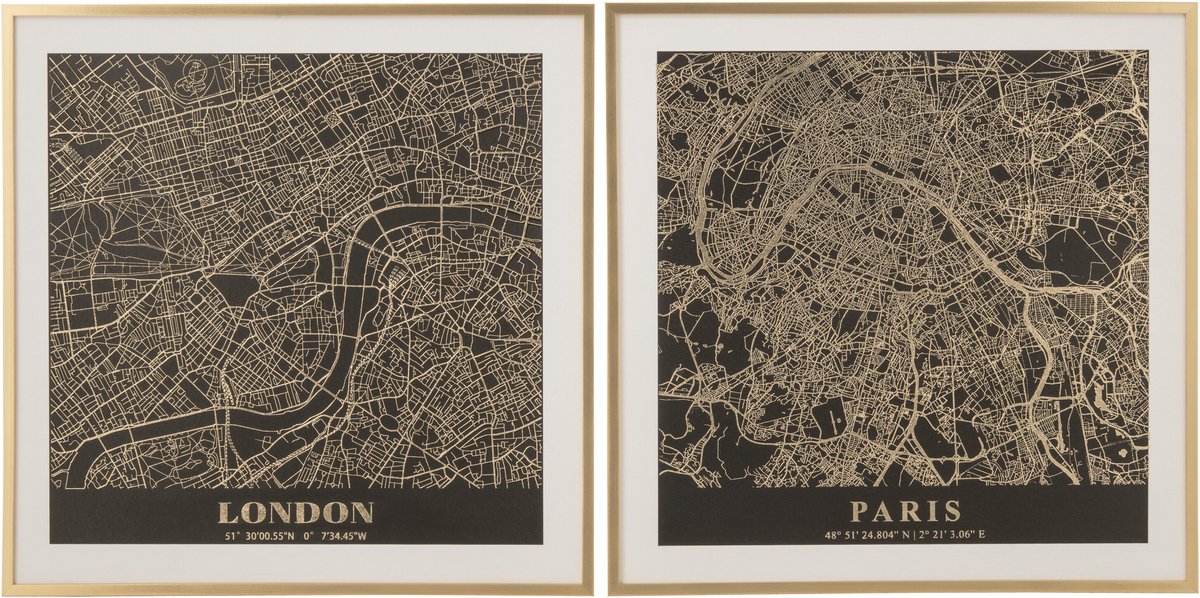 J-Line Wanddecoratie London Paris - doek - zwart/goud - assortiment van 2