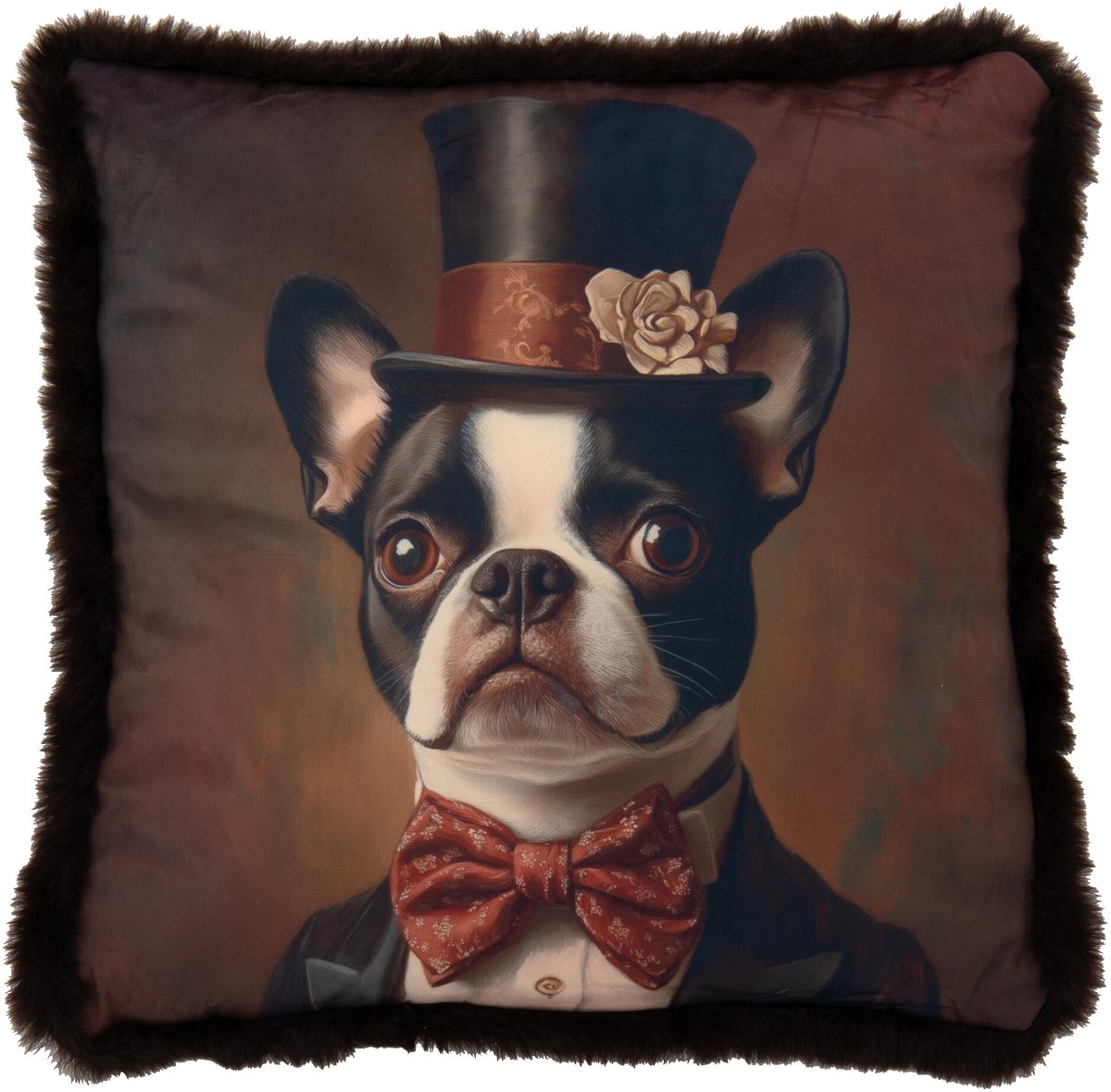 J-Line kussen Bulldog + Hoed - polyester - bruin