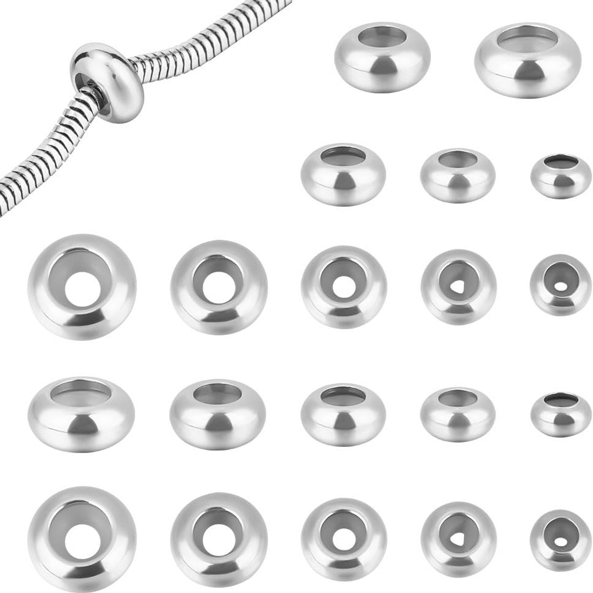 50 stuks 5 stijlen roestvrijstalen schuifregelaar kralen 1,2 ~ 3 mm gat ronde rubberen stopkralen metalen positionering spacer kralen armband lokaliserende kralen voor ketting armband