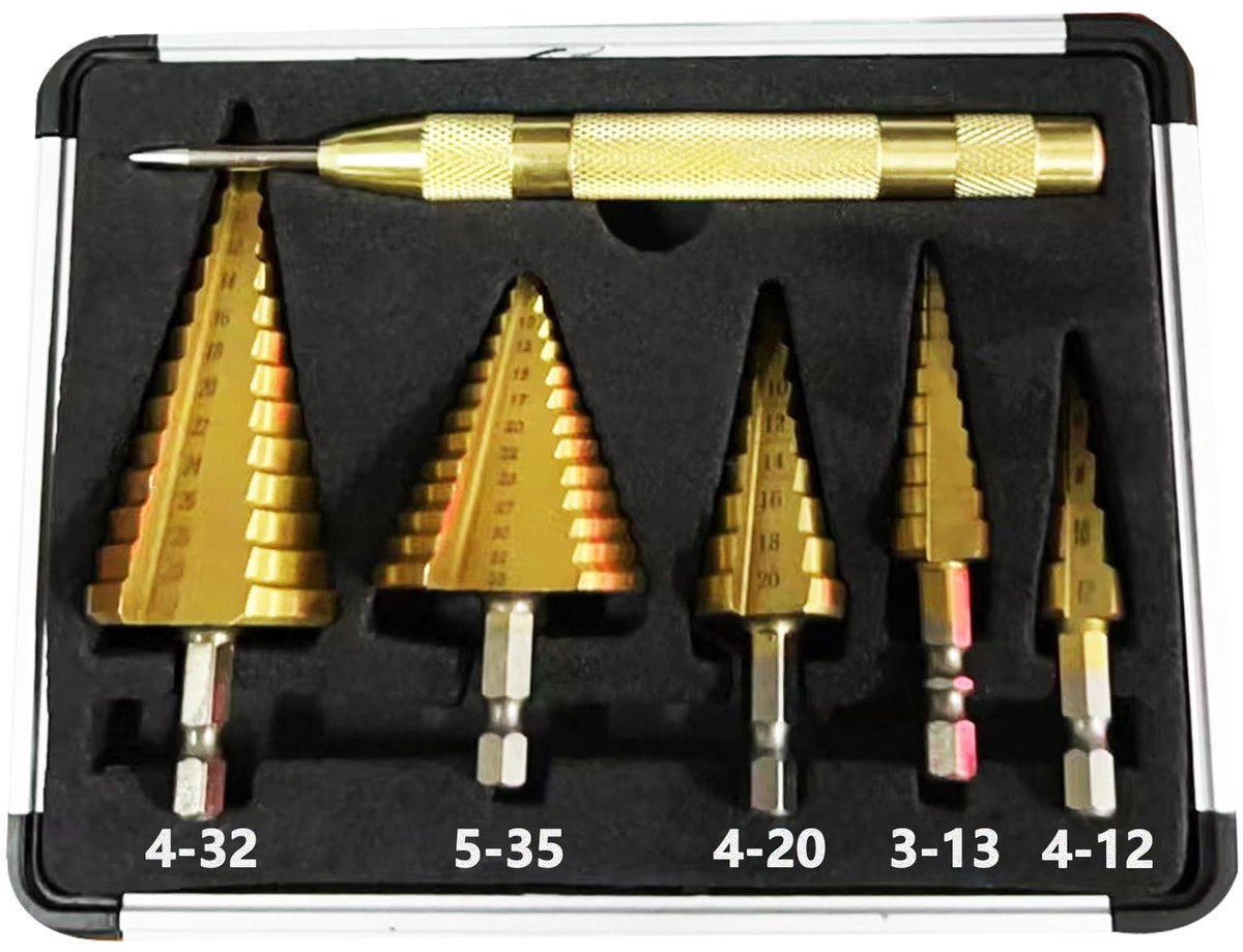 Boren, Set van 6 HSS stappenboren - 5 conische boren (4-12 mm, 3-13 mm, 4-20 mm, 4-32 mm, 5-35 mm) en 1 automatisch middelpuntboor van 13 cm, conische boor met titaniumcoating