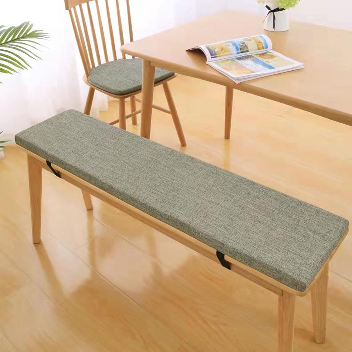 Bankkussen met riemen - Tuinkussen zit - Comfortabel zitten - Dubbel antislip ontwerp - 200 x 40 cm - Lichtgrijs