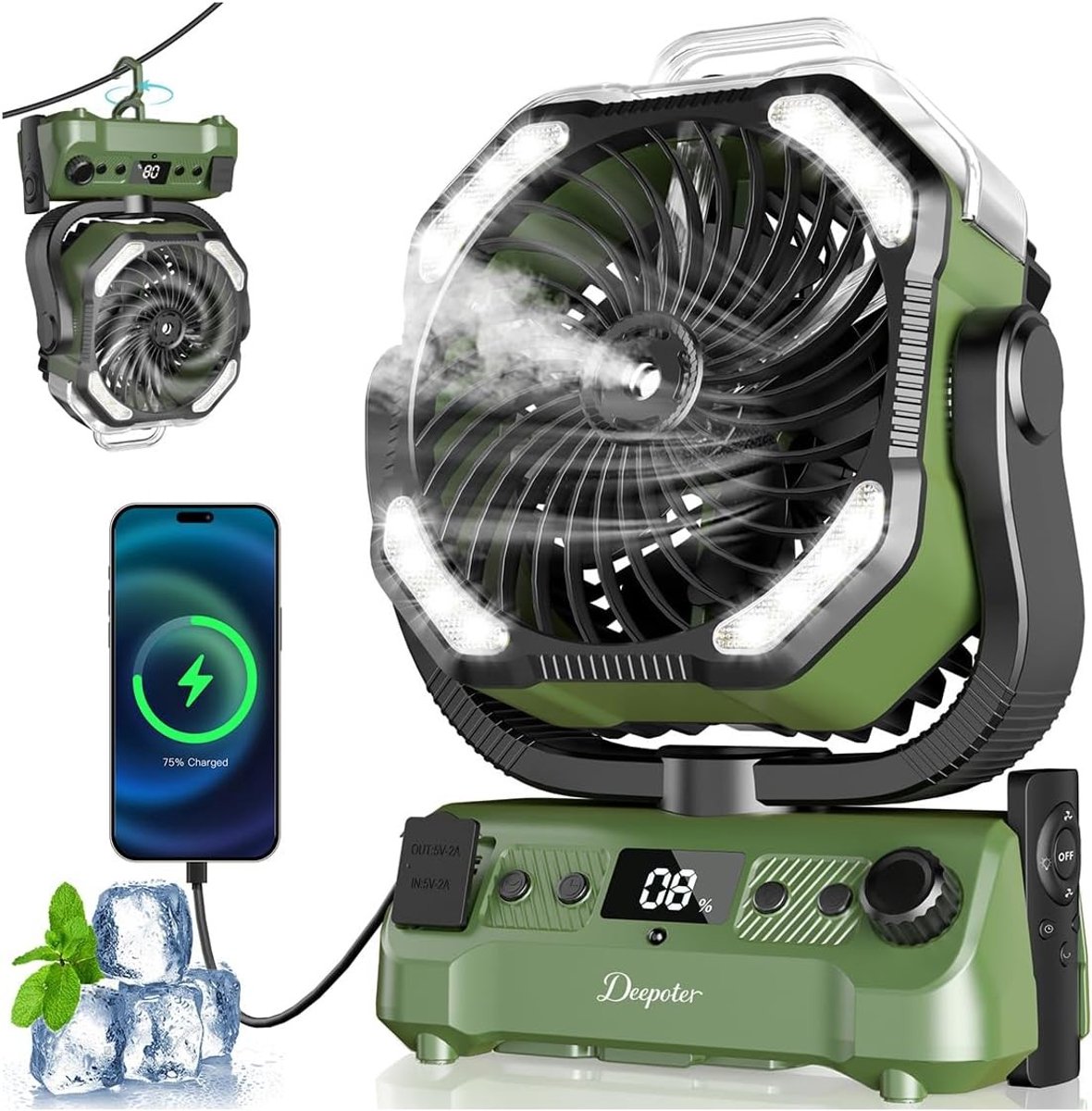 Campingventilator - Groen - Oplaadbaar met 20.000 mAh Batterij - Vernevelingssysteem - Voor Outdoor Activiteiten