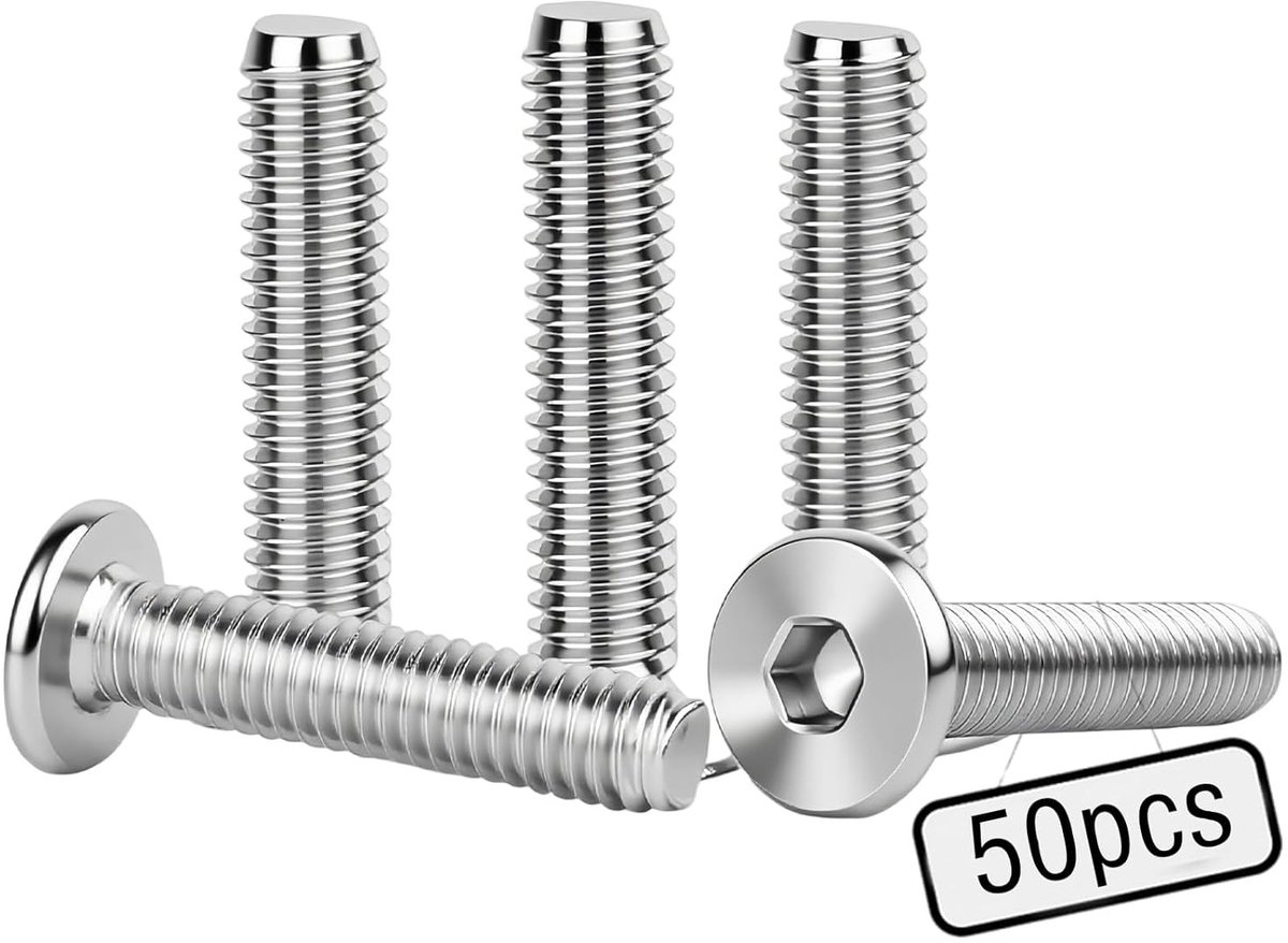 Set van 50 M6 Platte Hoofdschroeven, M6 x 25 Lens Hoofdschroeven, RVS Verzonken Schroeven voor Meubelassemblage en Houtprojecten, Inclusief M4 Inbussleutel