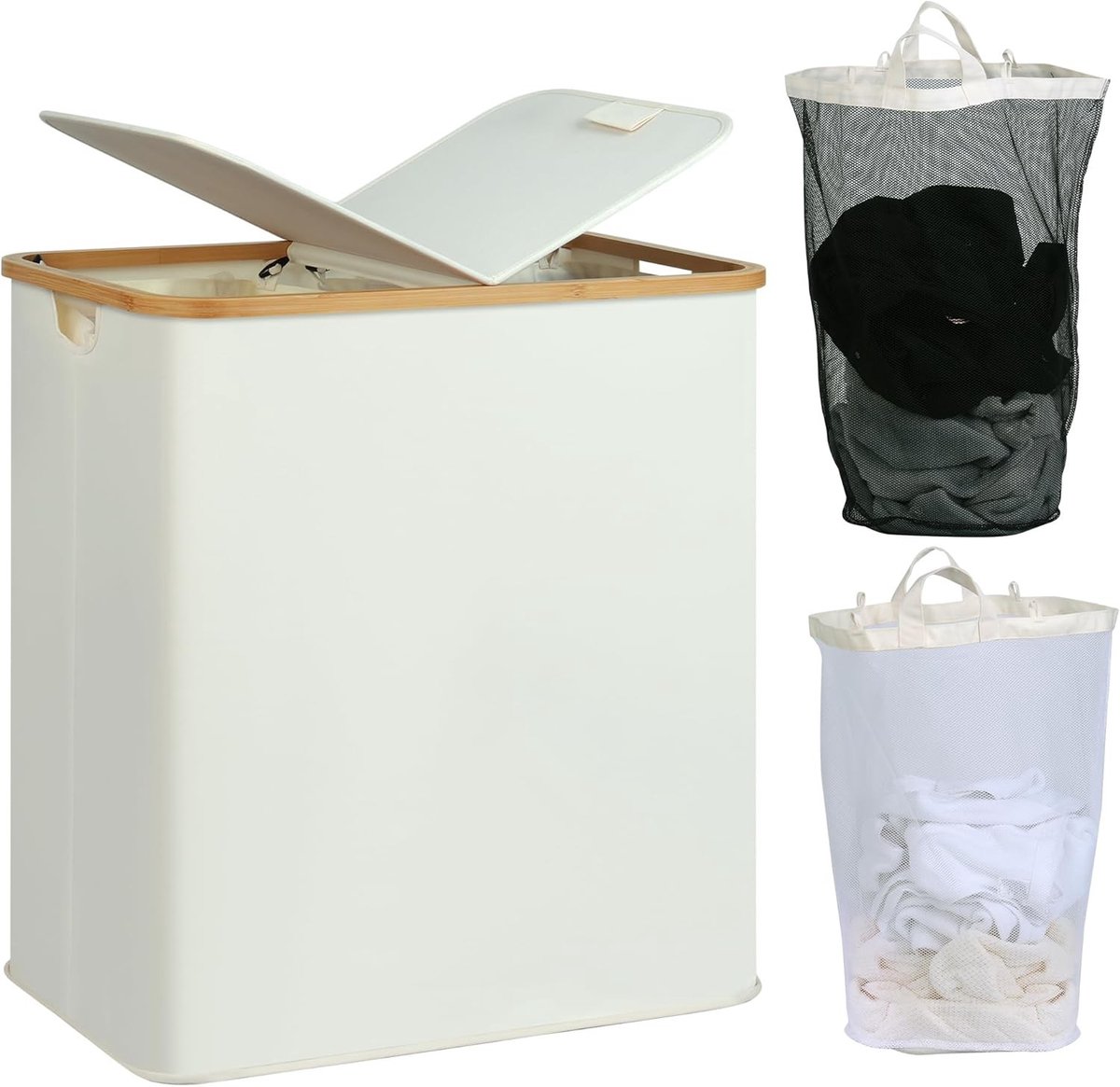 Wasmand - Beige - 140 Liter Inhoud - Dubbele Zakken - Voor Huishoudelijk Gebruik