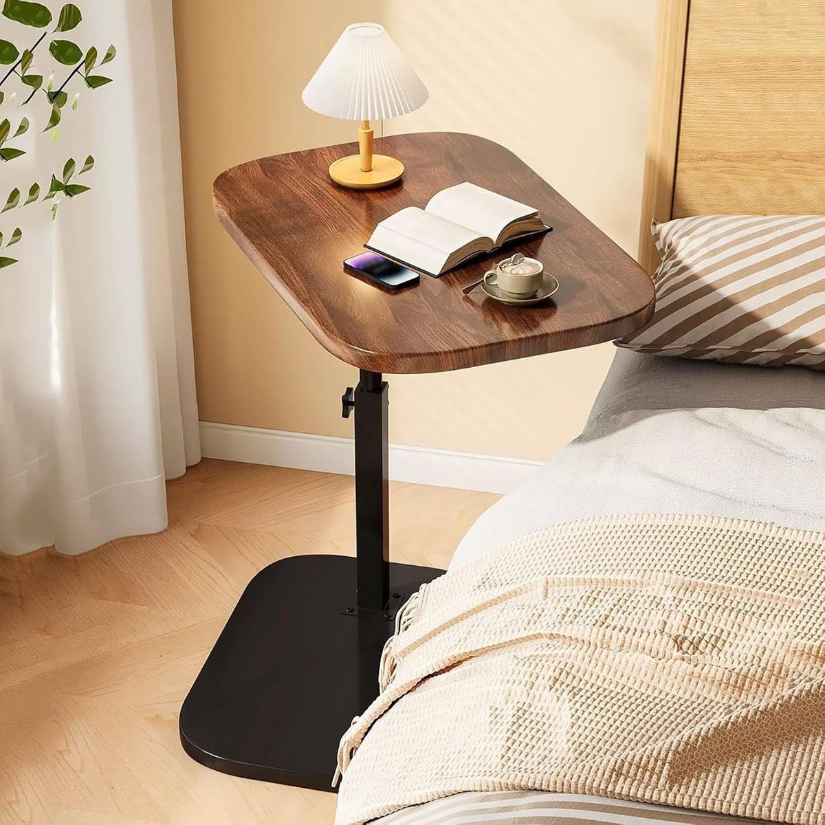 Verstelbare bijzettafel - C-vorm tafel - Ruimtebesparing - Draaibare bovenkant - 49-76 cm hoogte - Bruin