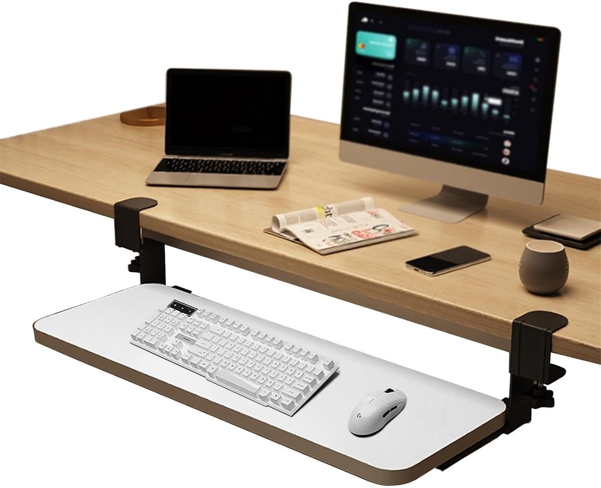 Toetsenbord Lade - Schuifplank Bureau - Werkplek Organiseren - Stevige C-klemmen - 75 x 24 cm - Wit