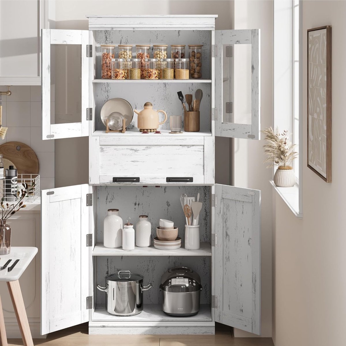 Hoge Opbergkast - Buffetkast Keuken - Ruimte Organiseren - Met Glazen Deuren - 170 cm Hoog - Wit