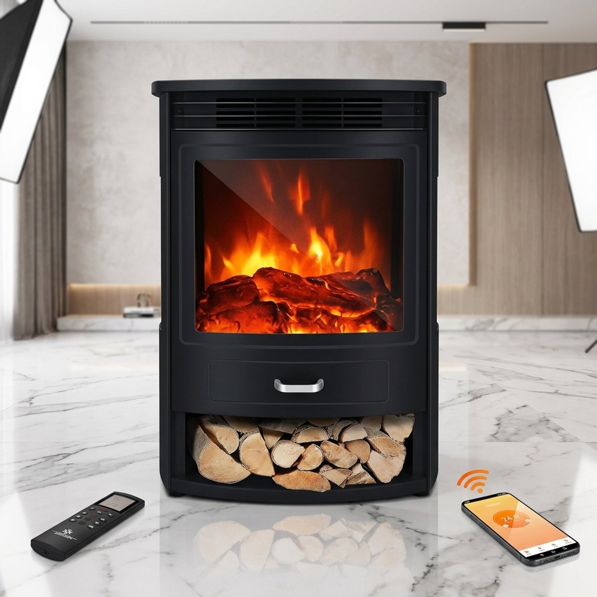 Luxe Elektrische Sfeerhaard met WiFi - Zwart - WiFi App, Afstandsbediening, LED Vlameffect, - Medahomestore