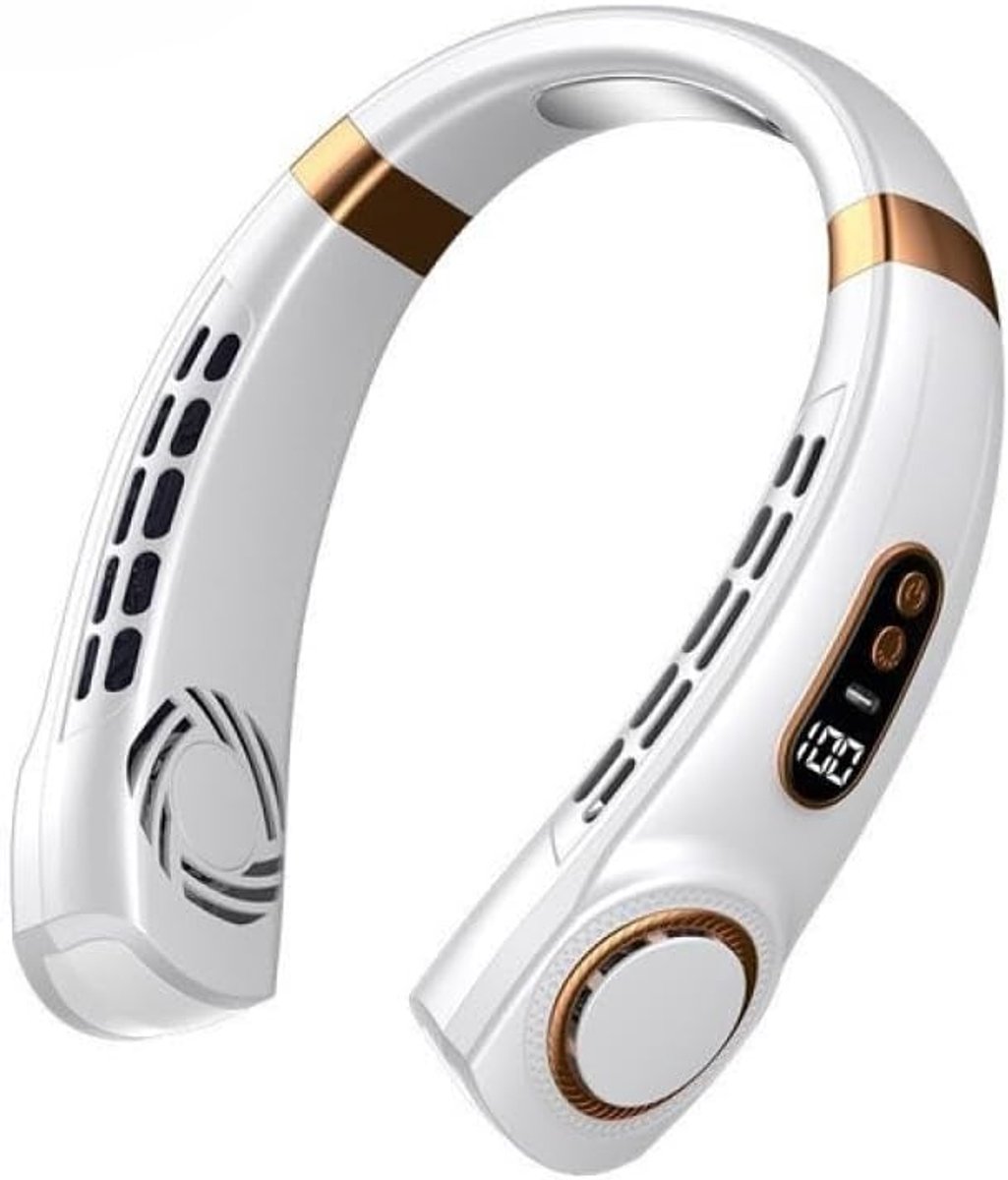 Draagbare LED Smart Digital Nekventilator van 4000 mAh met USB-aansluiting, stille werking, multifunctioneel met gekleurde verlichting, geschikt voor buitenactiviteiten en hardlopen in het donker (wit)