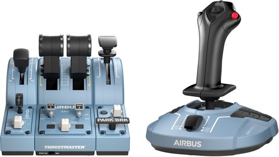 Thrustmaster TCA Officer Pack Airbus Edition bleu avec joystick et deux modules de manette des gaz côte à côte.