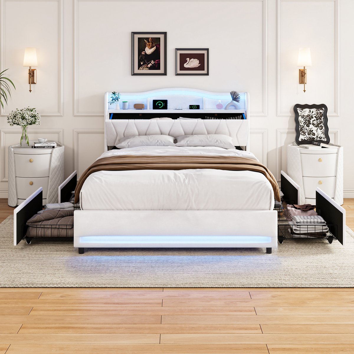 Velvet Opbergbed Beige 160x200 met LED en 4 Lades – Gestoffeerd Bed