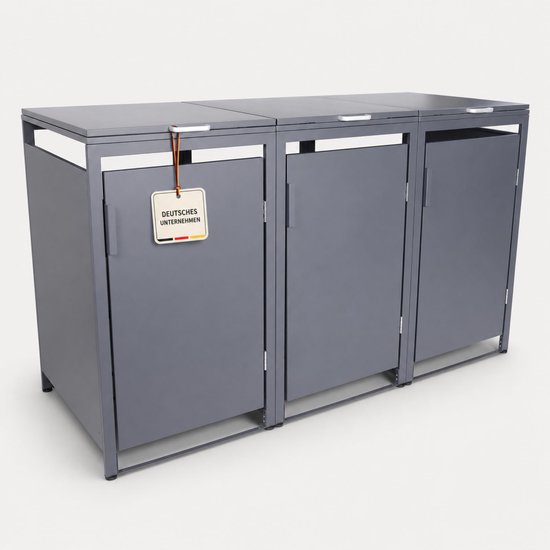 Grijze, driedelige afvalcontainerbox met gesloten deuren. Label 'Deutsches Unternehmen'.