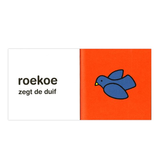 Een blauwe duif met gele snavel op een oranje achtergrond. "roekoe zegt de duif".