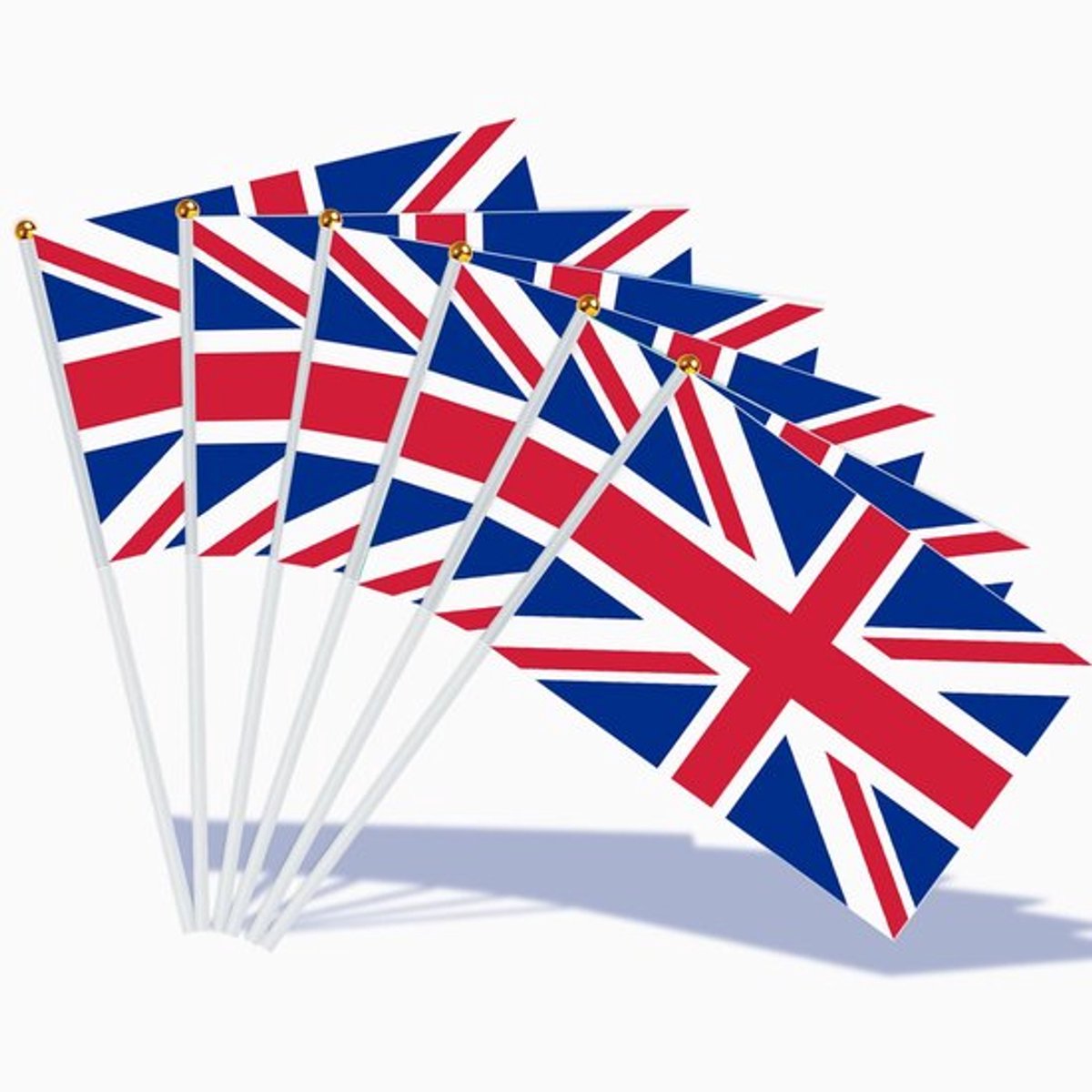 Union Jack Vlaggen op Stokken voor VJ-Day - 80ste Verjaardag Decoraties - 15 Stuks Handgevouwen Britse Kleine Vlaggen met 12 Inch Witte Paal voor Voetbal Feestdecoratie (14 x 21)