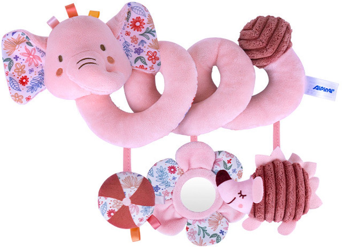 COOAU - Boxspiraal Baby Speelgoed - Pluchen Knuffel met Rammelaar voor Kinderwagen, Autostoel & Buggy - Sensorisch Speelgoed voor Baby's van 0-6 Maanden - Unisex - Zacht & Veilig - Roze Olifant