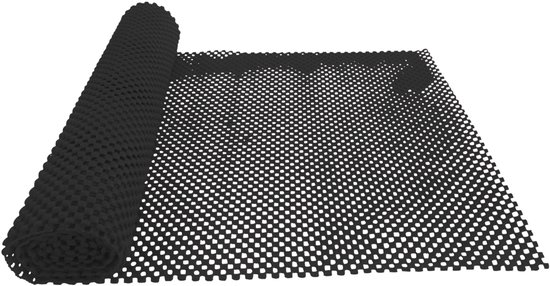 Zwarte antislipmat op rol met honingraatpatroon.