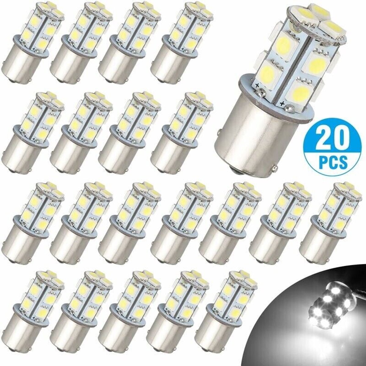 12V 1156 20-pack heldere 1156 1141 1003 13-SMD witte LED-lampen, geschikt voor interieurverlichting in auto's, campers en caravans.