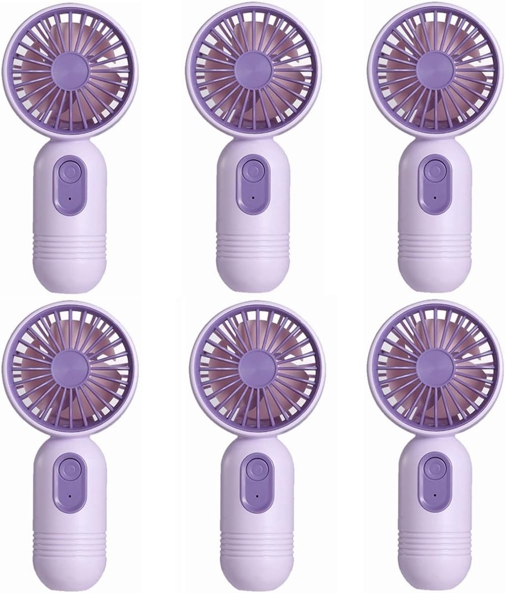 Mini draagbare ventilatoren (6 stuks), schattige, lichtgewicht handventilatoren op batterijen, 3 windsnelheden, USB oplaadbaar, wimpervormige ventilatoren, unisex, geschikt voor kantoor, buiten, reizen en kamperen - paars.