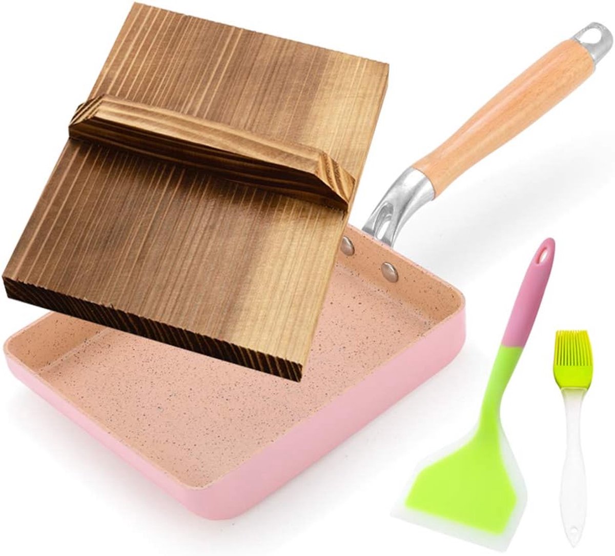 Omeletpan Vierkant - Koekenpan Ei - Ontbijt Maken - Antiaanbaklaag Houtgreep - 18.5 cm - Roze