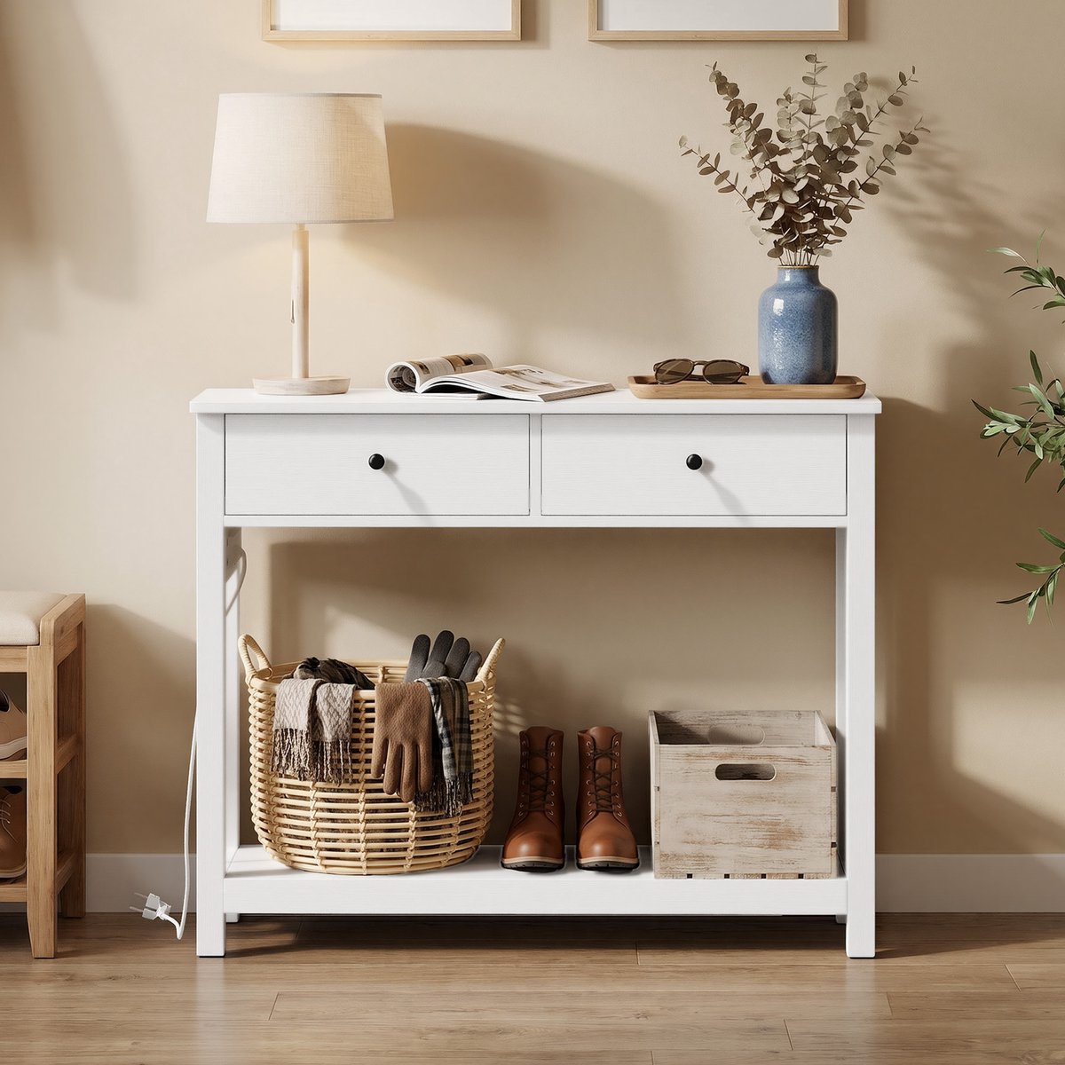 Xbro Consoletafel, Haltafel met 2 Lades en Opbergplank, Sidetable met EU-Stopcontact en USB,Wit