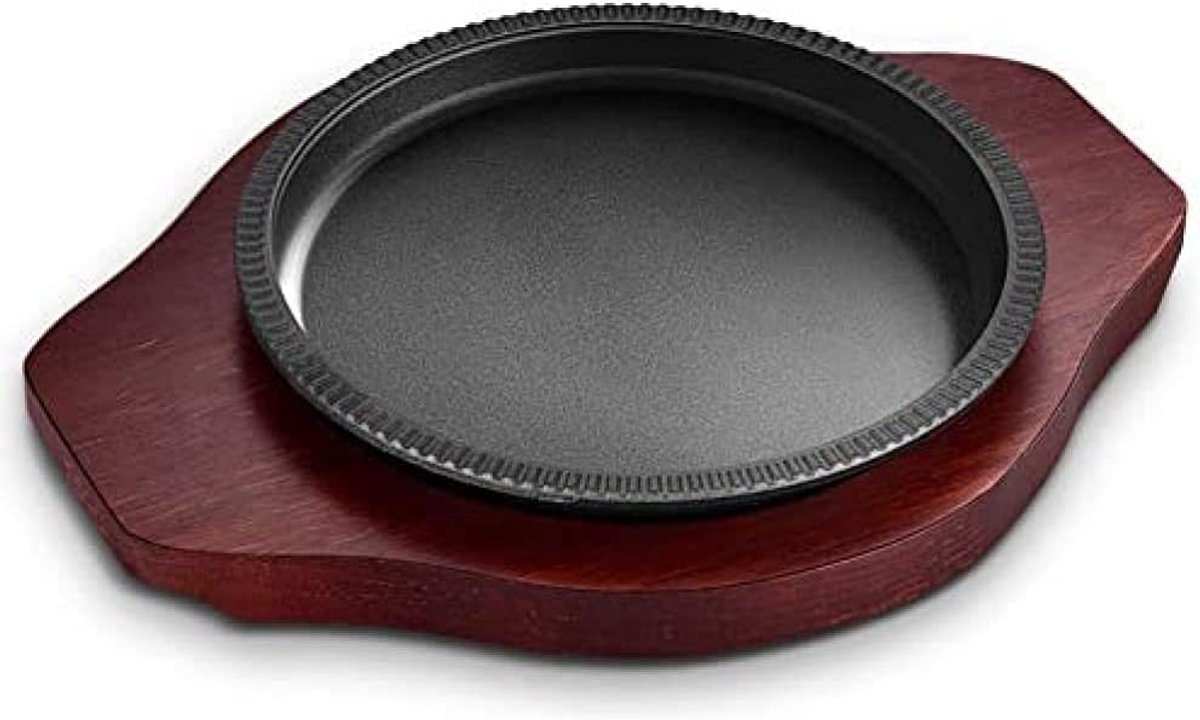 Gietijzeren Steakplaat Teppanyaki Pan Restaurant Koken Inclusief Houten Basis 29 cm Zwart