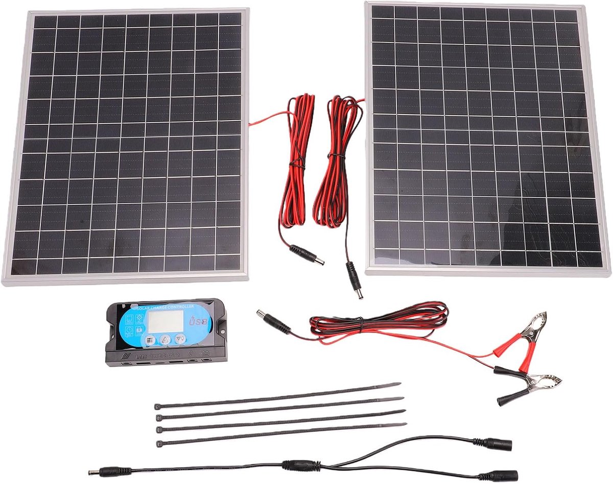 Zonnepaneel Set - Energie Oplader - Off Grid Stroom - Hoog Rendement Monokristallijn - 100 Watt - Zwart