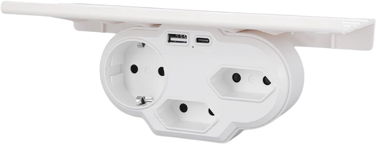 Stopcontact Verlengstuk - Wandoplader Splitter - Thuis Gebruik - Met Opbergplank - 3 Stopcontacten 2 USB - Wit