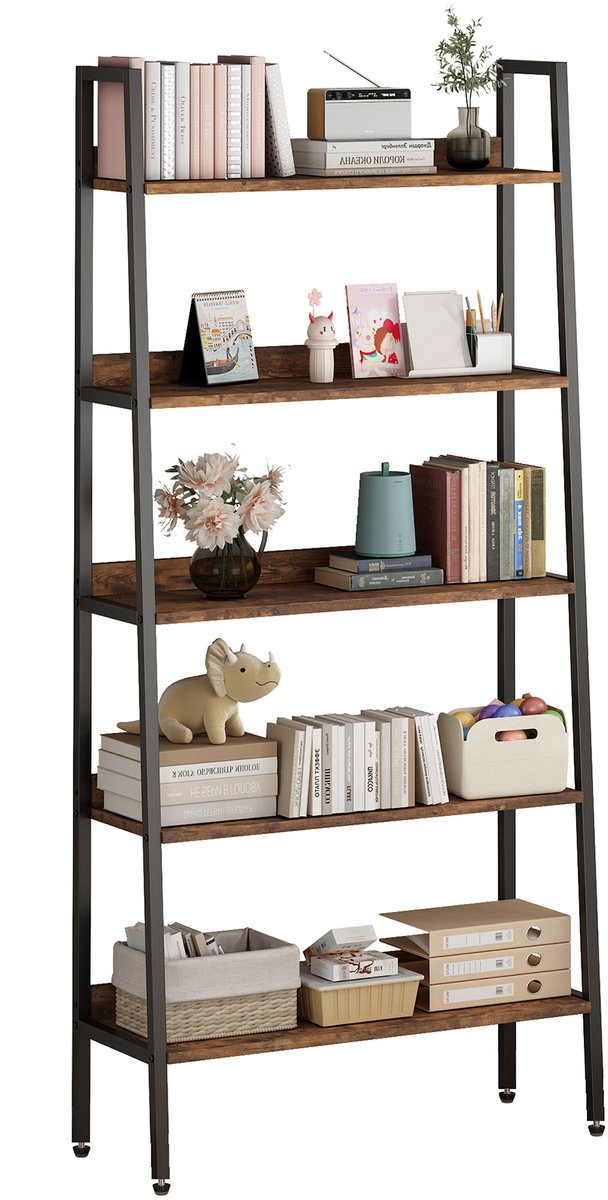 5-Laags Ladder Boekenkast - Rustiek Hout Met Zwart Metaalframe - Opbergrek Met Anti-Tip - Primaire Kleur - 80x30x170cm