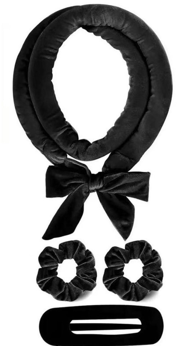 Deze set met hittevrije krultang bevat een zachte en comfortabele haarband, geschikt voor krullen die je 's nachts laat zitten of voor dagelijks gebruik,Zwarte 4-delige set