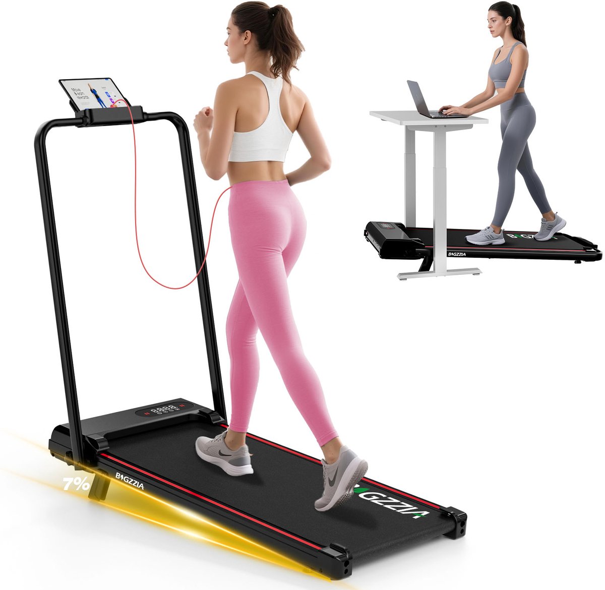 BIGZZIA 3-in-1 opvouwbare loopband met 7% helling - Inklapbaar loopband Elektrisch met armleuningen - 1-8 km/u - 2,5 pk motor - afstandsbediening - LCD-scherm - 130 kg draagvermogen - Geluid<45db - Zwart