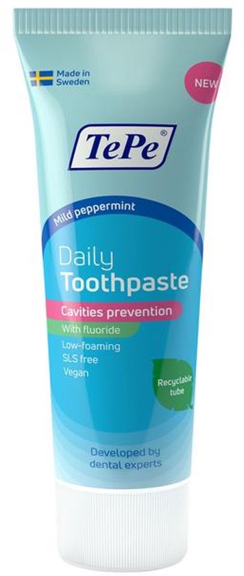 TePe Daily Toothpaste tube, "Mild peppermint", "Cavities prevention", "0% SLS", "Vegan". "New" en "Recyclable tube" labels.