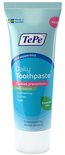 TePe Daily Toothpaste tube, "Mild peppermint", "Cavities prevention", "0% SLS", "Vegan". "New" en "Recyclable tube" labels.