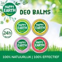 Vier Happy Earth Deo Balms: bergamot, jasmijn, lavendel en patchoeli.