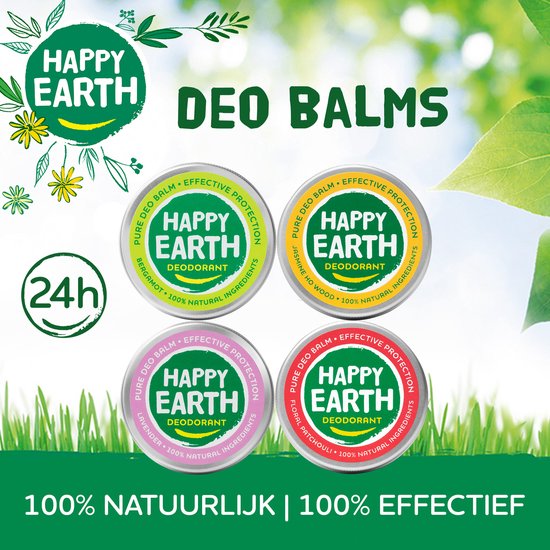 Vier Happy Earth Deo Balms: bergamot, jasmijn, lavendel en patchoeli.