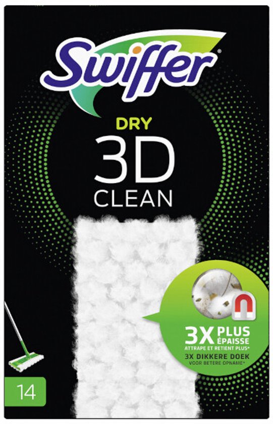 Emballage Swiffer Dry 3D Clean de 14 lingettes. Texture des lingettes avec un gros plan de la saleté piégée.