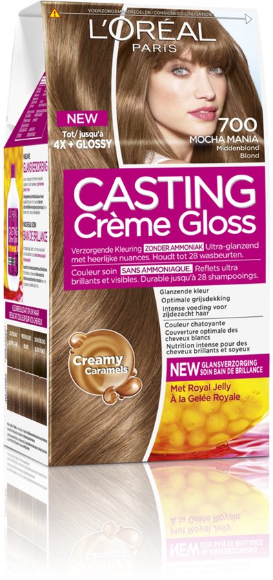 L'Oréal Paris Casting Crème Gloss verpakking in kleur Middenblond 700, met een model met lang, golvend blond haar.
