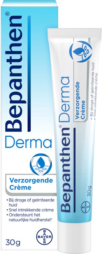 Bepanthen Derma Verzorgende crème 30g tube en doosje met blauwe en witte branding. Toont het Bepanthen Derma logo.