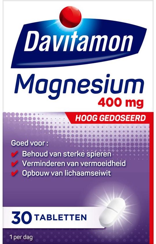 Davitamon Magnesium 400 mg, 30 hoog gedoseerde tabletten. Paarse doos met een witte pil.